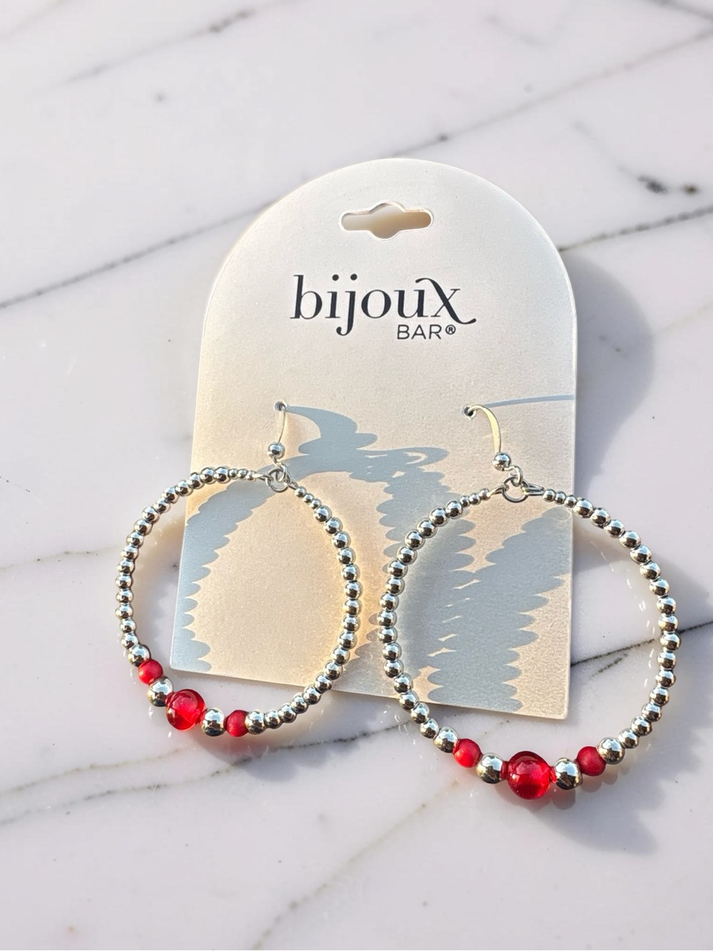 Bijoux Bar Silver Hoop Earrings with Red Beads - Picture 3 of 3